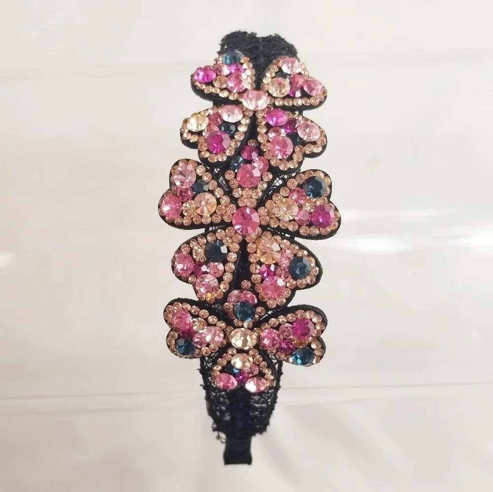 Gold/Pink/Blue Crystal Floral Black Lace Hair Band